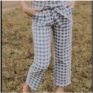 Roolee Blue Gingham Paperbag Tie-Waist Pants, M